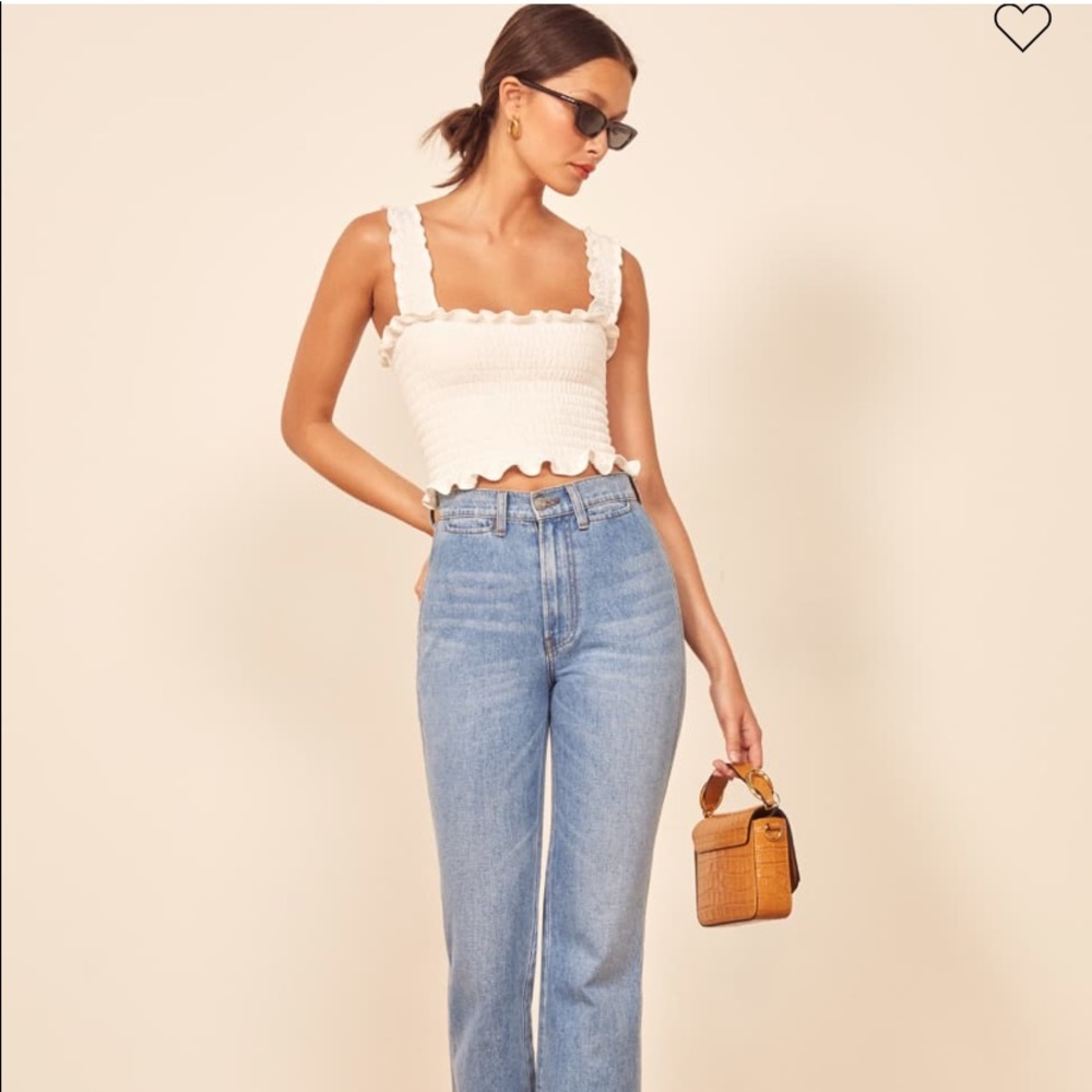 Reformation Cream Smocked Ruffle Crop Tank Top